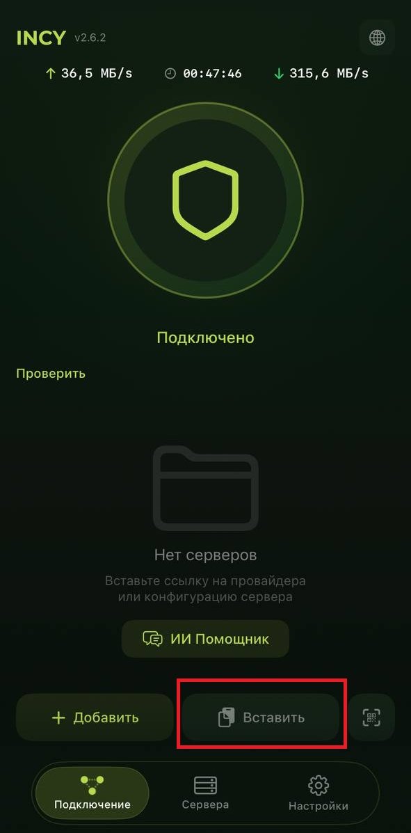 Кнопка «Вставить» на главном экране INCY